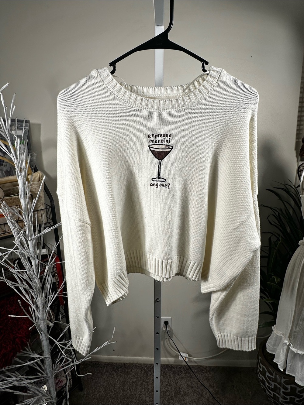 N234. Cream 'Espresso Martini' Embroidered Womens Cropped Sweater oversized